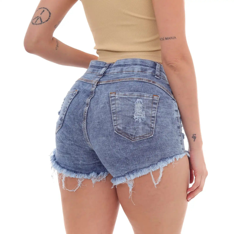 Shorts Jeans Feminino Azul Marmorizado Puído Luxo Tendência Verão