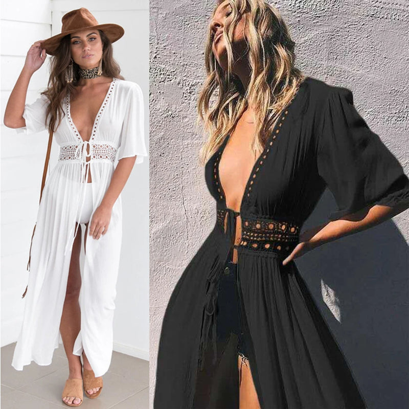 Vestido de praia boho feminino, blusa longa, cardigã de proteção solar oco, cobertura de biquíni, verão