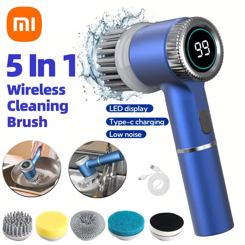 Xiaomi escova de limpeza elétrica multifuncional cozinha banheiro portátil poderosa escova limpa 5 cabeças escova display led