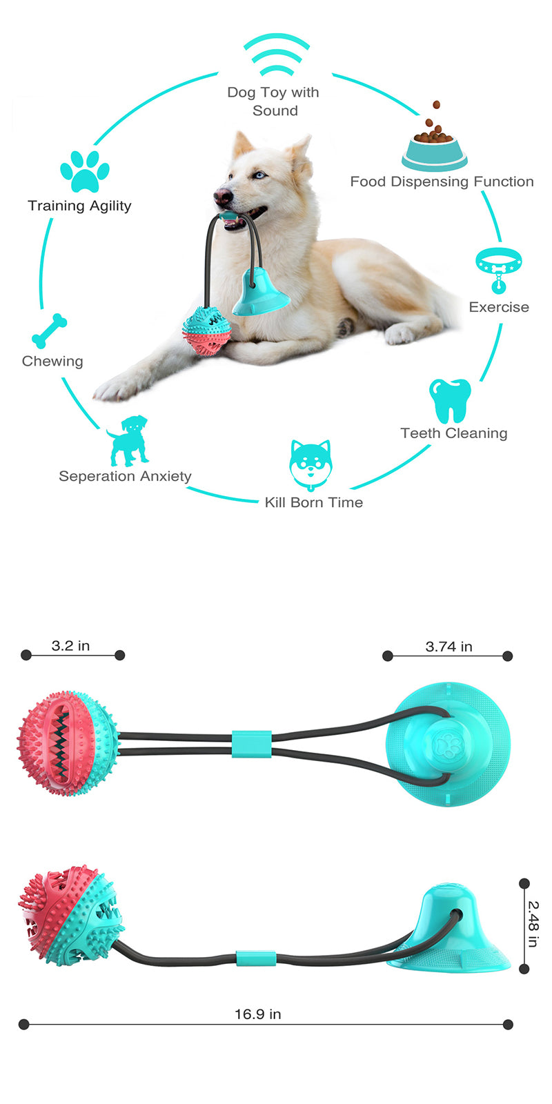 Grande cão interativo bola brinquedos, ventosa, cordas, vazamento, alimentador lento, mastigar brinquedo, dentição, limpo, Golden retriever, Big Pet suprimentos