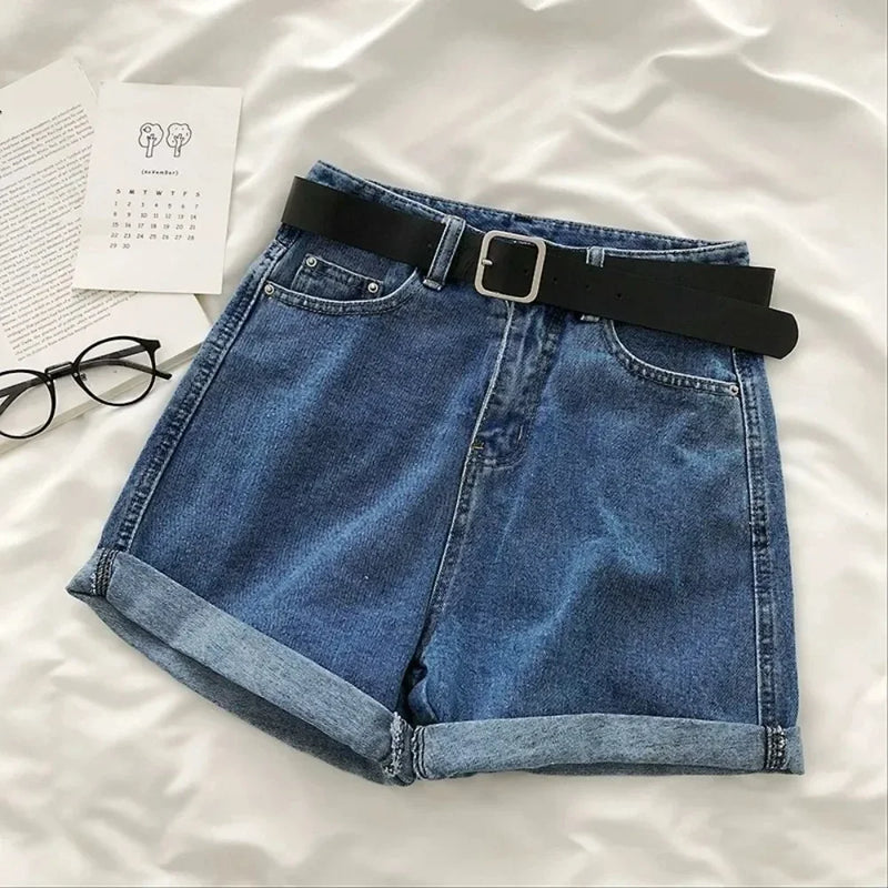 Shorts jeans femininos de cintura alta e perna larga, streetwear feminino casual, jeans reto, ajuste solto, monocromático, verão, novo