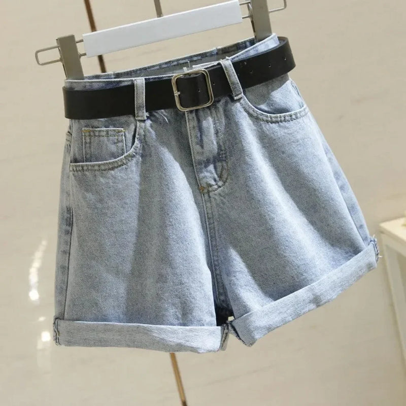 Shorts jeans femininos de cintura alta e perna larga, streetwear feminino casual, jeans reto, ajuste solto, monocromático, verão, novo