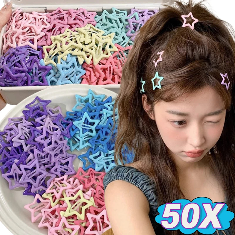 Colorido Kawaii Estrela Presilhas, Sweet Girls BB Solid Star Hairclips, Metal Snap Clip, Headdress, Cabelo Jóias Presentes, Y2K, 50Pcs